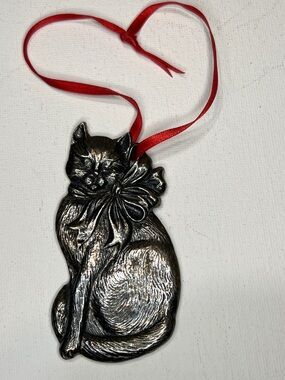 Vintage Silver-plate Pewter Cat Christmas Ornament Signed Gorham
